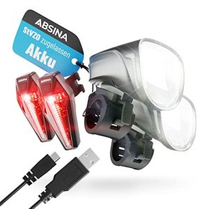 ABSINA LED Fahrradlicht Set - Vorne und Hinten, 200m Reichweite & 100 Lux StVZO Zulassung