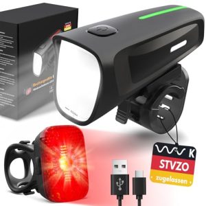 MUPAS LED Fahrradlicht Set, StVZO-Zertifiziert, IPX5 Wasserdicht, USB-Auffächer, Batterieanzeige Vorne und Rücklicht Kit