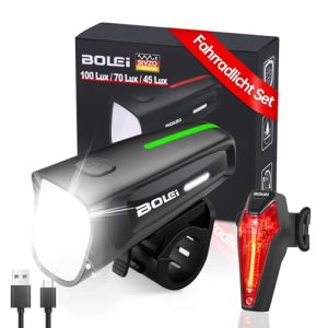 BOLEi LED Fahrradlicht Set 100 LUX | StVZO Zweckmäßige Fahrradlampe | Vorne und Rücke Beleuchtung USB Aufladebar für Rad