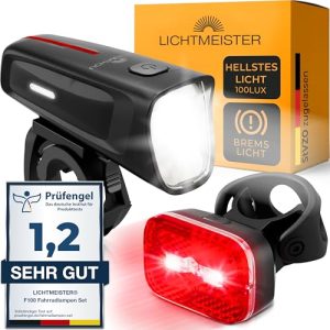 LICHTMEISTER® Fahrradlicht 100 Lux - StVZO zugelassen - Fahrradfahrer - Nacht- und Wetterbedingungen - Bremslicht und Re